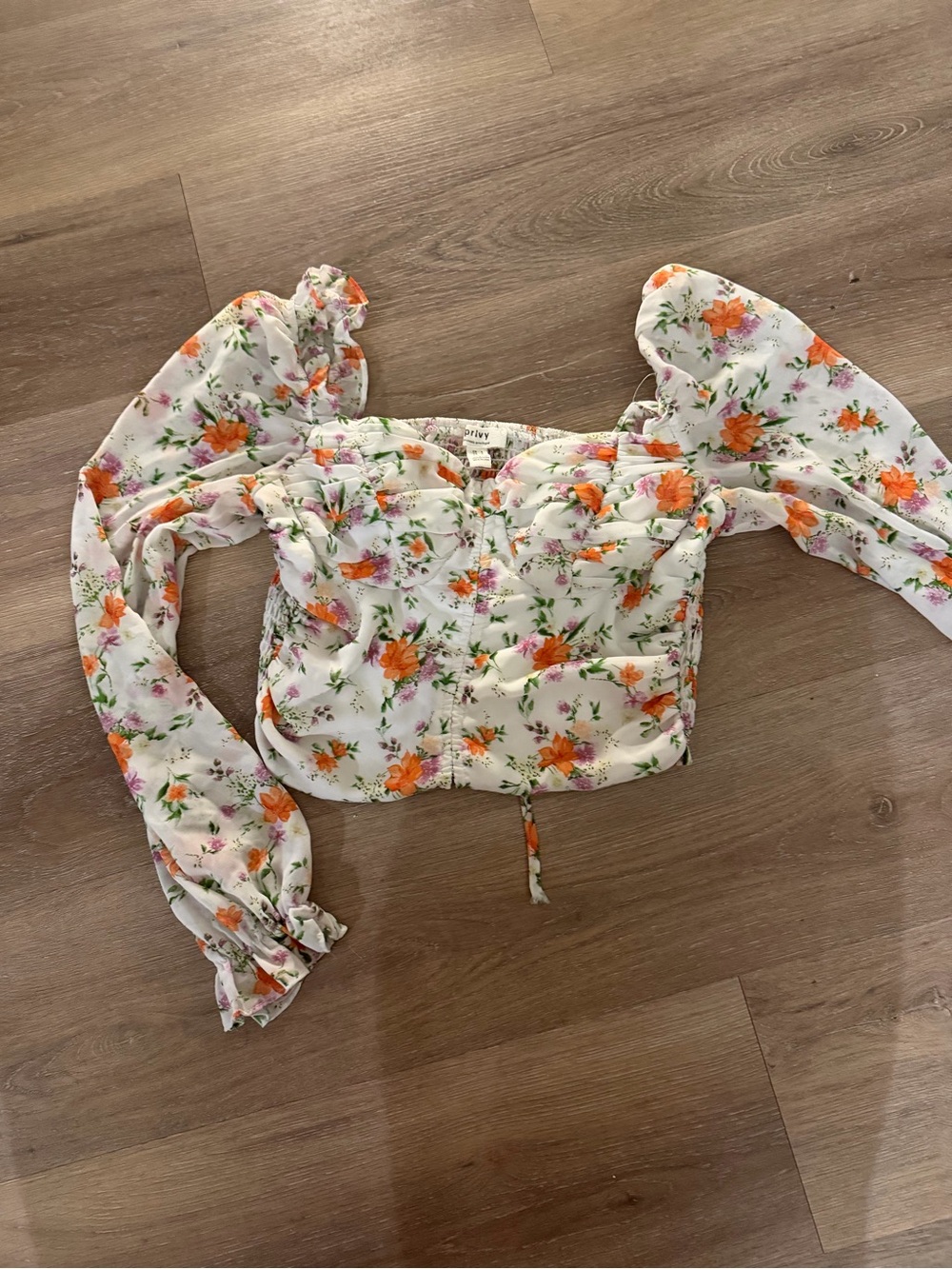 privy White Crop Blouse with Orange Floral Print and Puff Sleeves